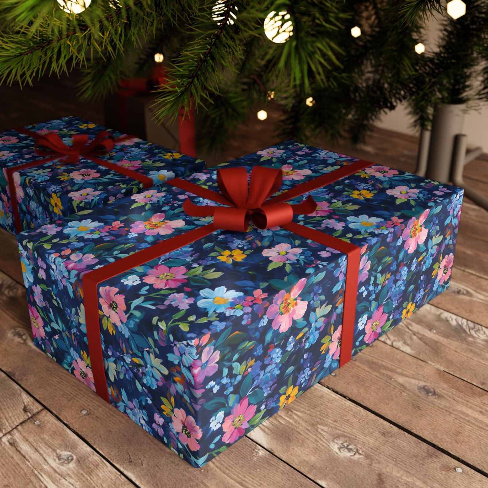 Gifts wrapped in navy Painterly Wildflowers paper with colourful blooms and red ribbon